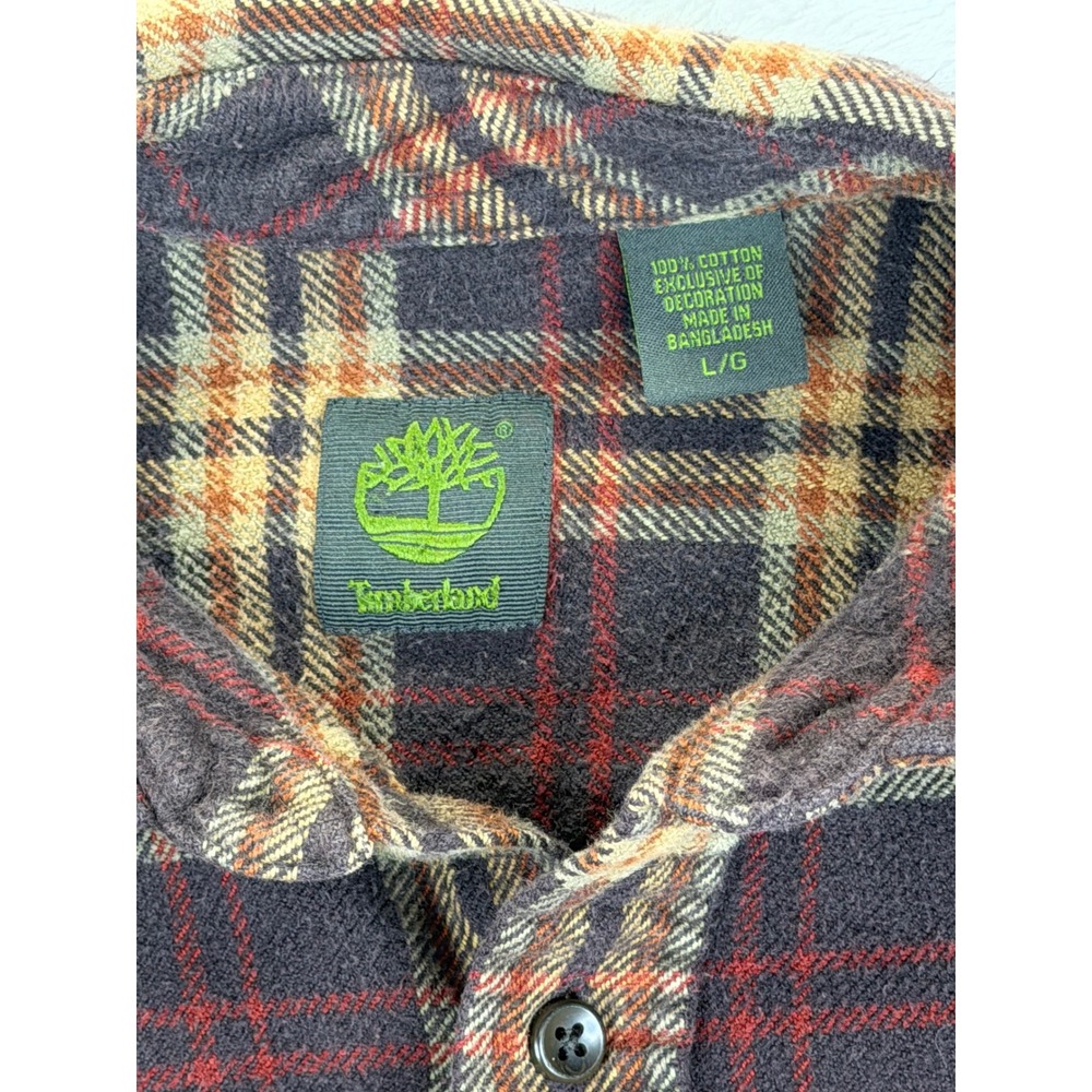 Timberland Mens Brown Plaid Cotton Flannel Button Down Shirt Large L Long Sleeve - Picture 2 of 9